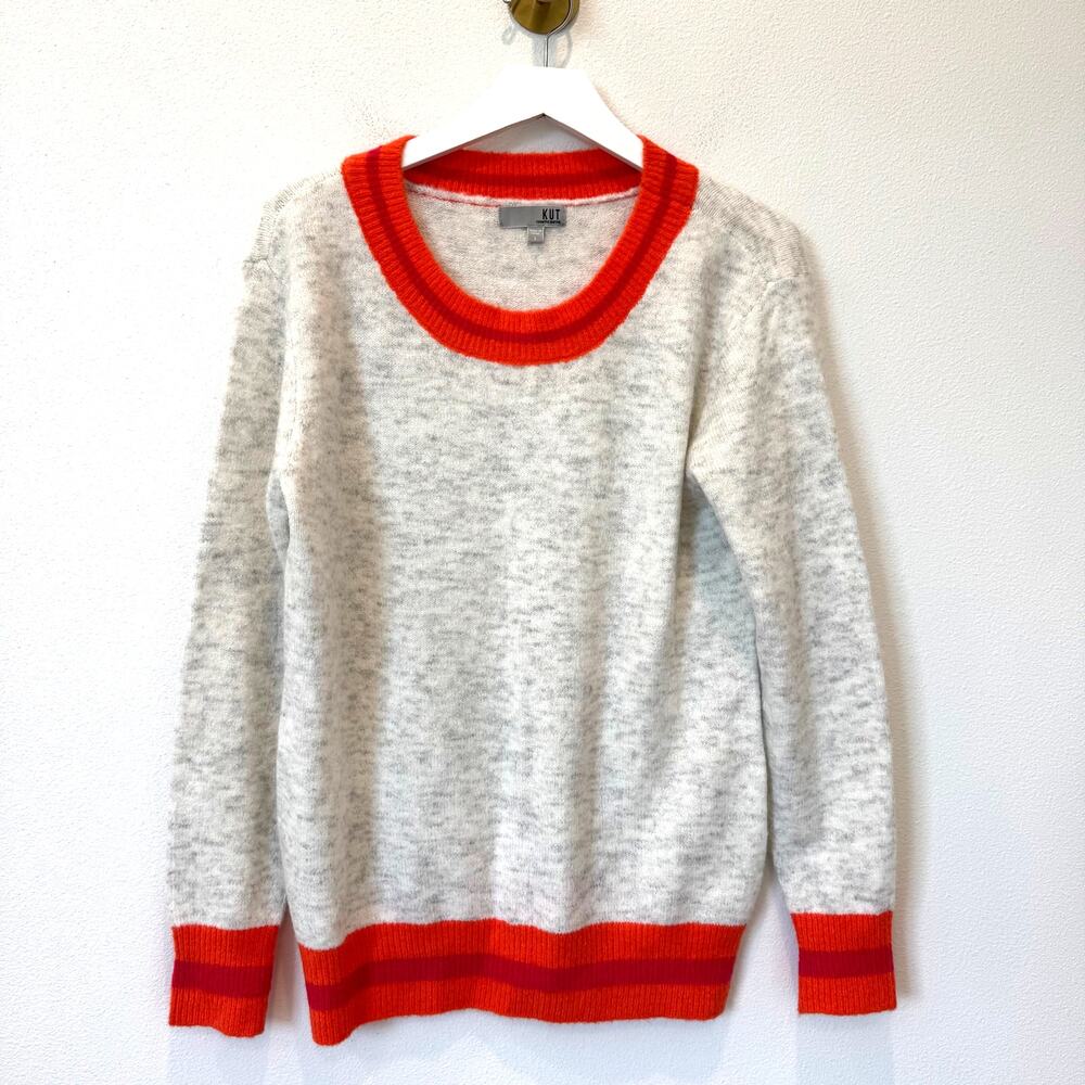 Kut from the Kloth Olga Crewneck Sweater Grey Orange Coral Trim Knit